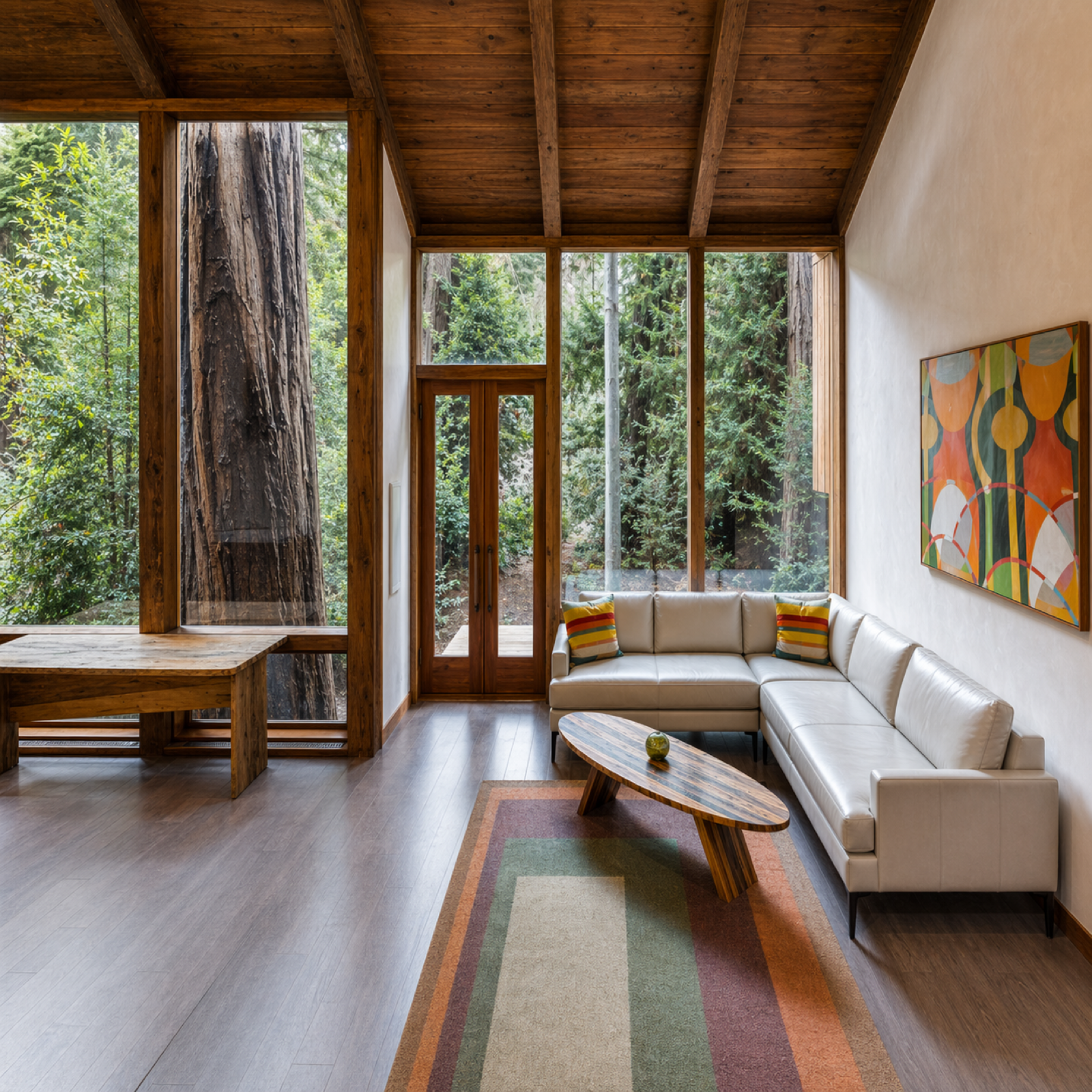 Glen Oaks Big Sur Bridge House interior at dusk